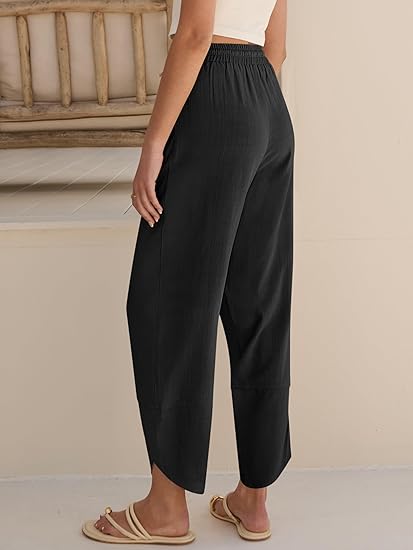 Womens Wide Leg Pants Barrel Palazzo Casual Flowy Beach Vacation Cropped Summer Drawstring Capris with Pockets