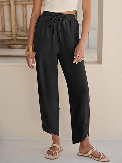 Womens Wide Leg Pants Barrel Palazzo Casual Flowy Beach Vacation Cropped Summer Drawstring Capris with Pockets